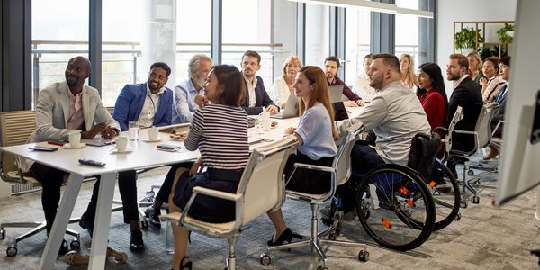 Large group of people seated at a table, including one in a wheelchair.