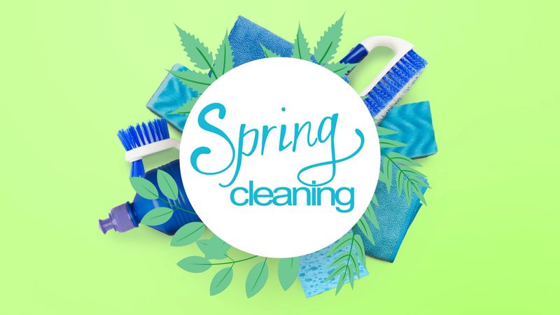 Spring Cleaning Illustration Over Composition Of Different Blue Cleaning Tools On Green Background, Panorama With Free Space