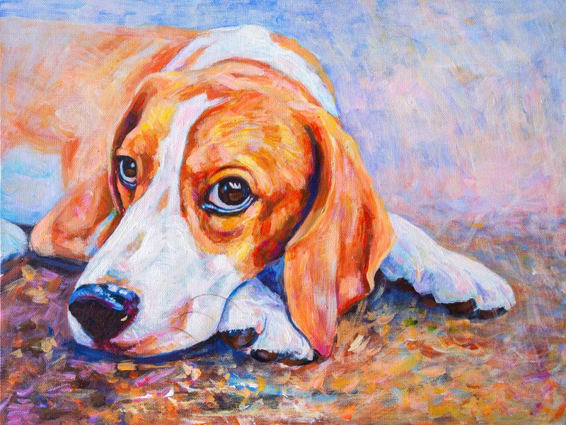 Acrylic color painting of a beagle dog lying on the ground on canvas.