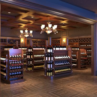 Elegant wine cellar with wooden shelves and warm lighting.