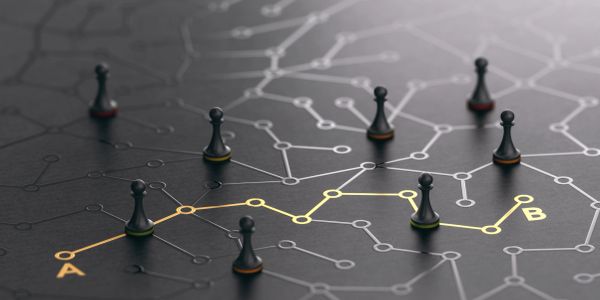 Chess pawns on a network map from point A to B.
