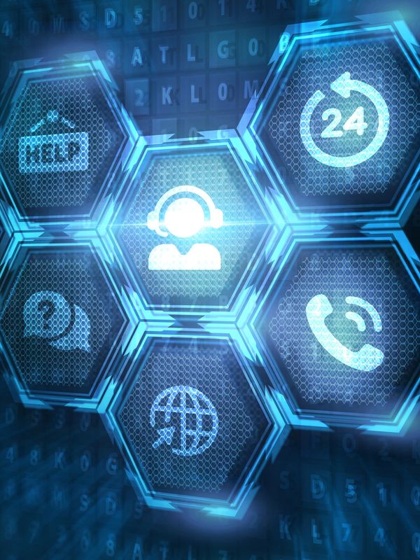 Glowing hexagonal icons representing customer support services.