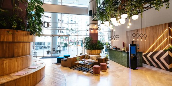 Modern hotel lobby with greenery, cozy seating, and stylish lighting.