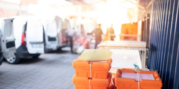 Stacked orange packages at a warehouse with workers and vans in the background.