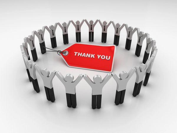 Silver stick figures in a circle holding hands, with a red tag in the middle saying “Thank You”.