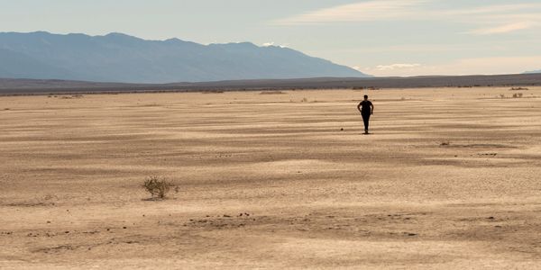 A lone person walking in a vast desert landscape with mountains in the background.