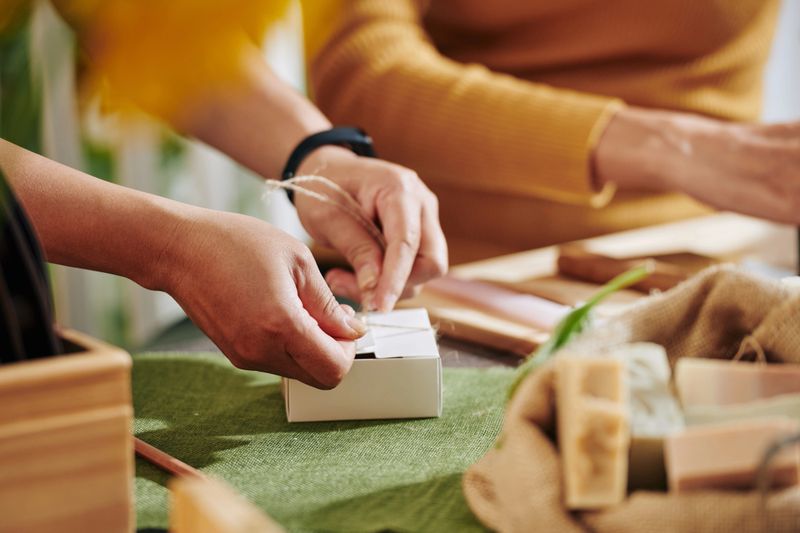 Women packing small soap bars in cardboard boxes to send it to customers