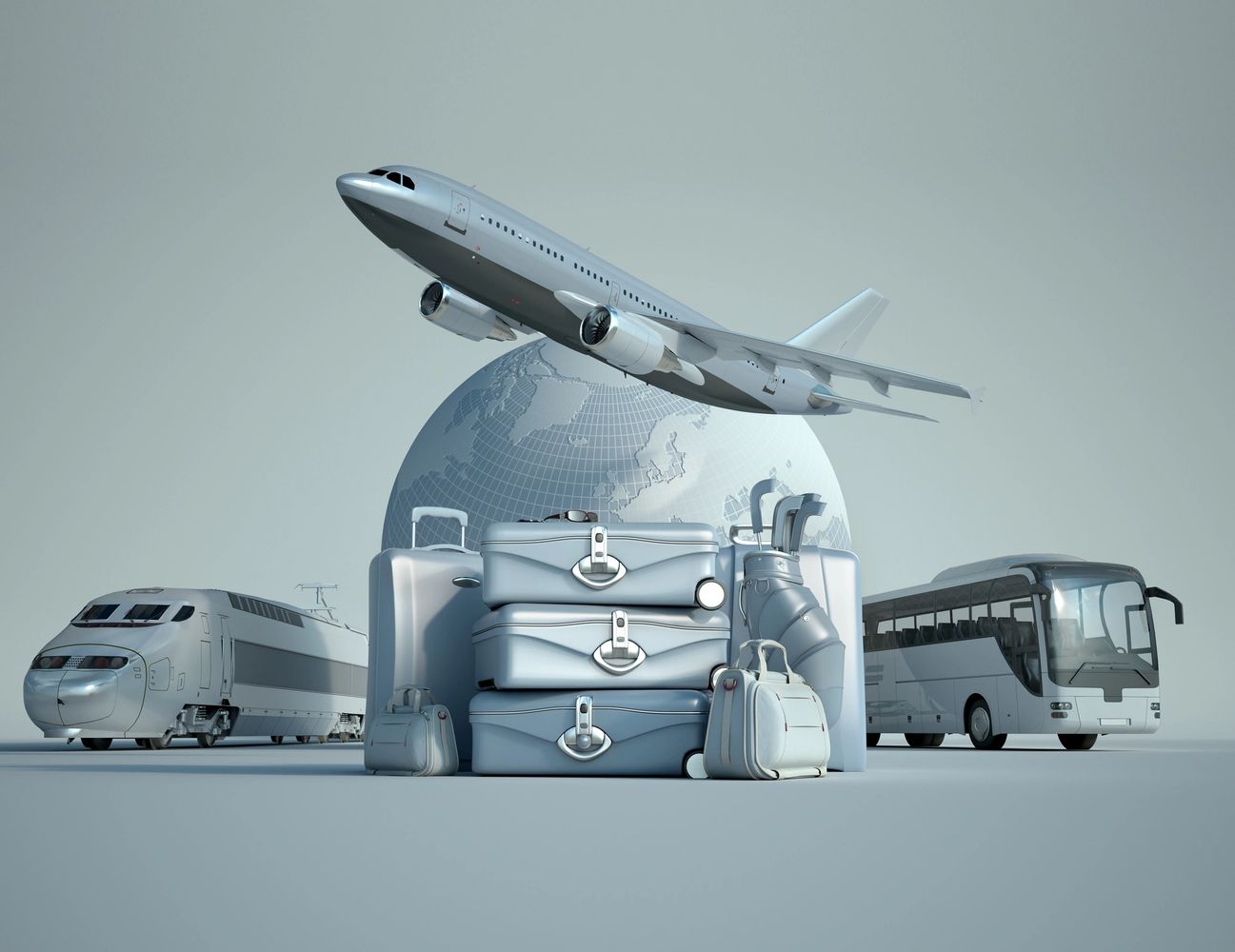 Travel concept with airplane, train, bus, luggage, and globe in silver tones.