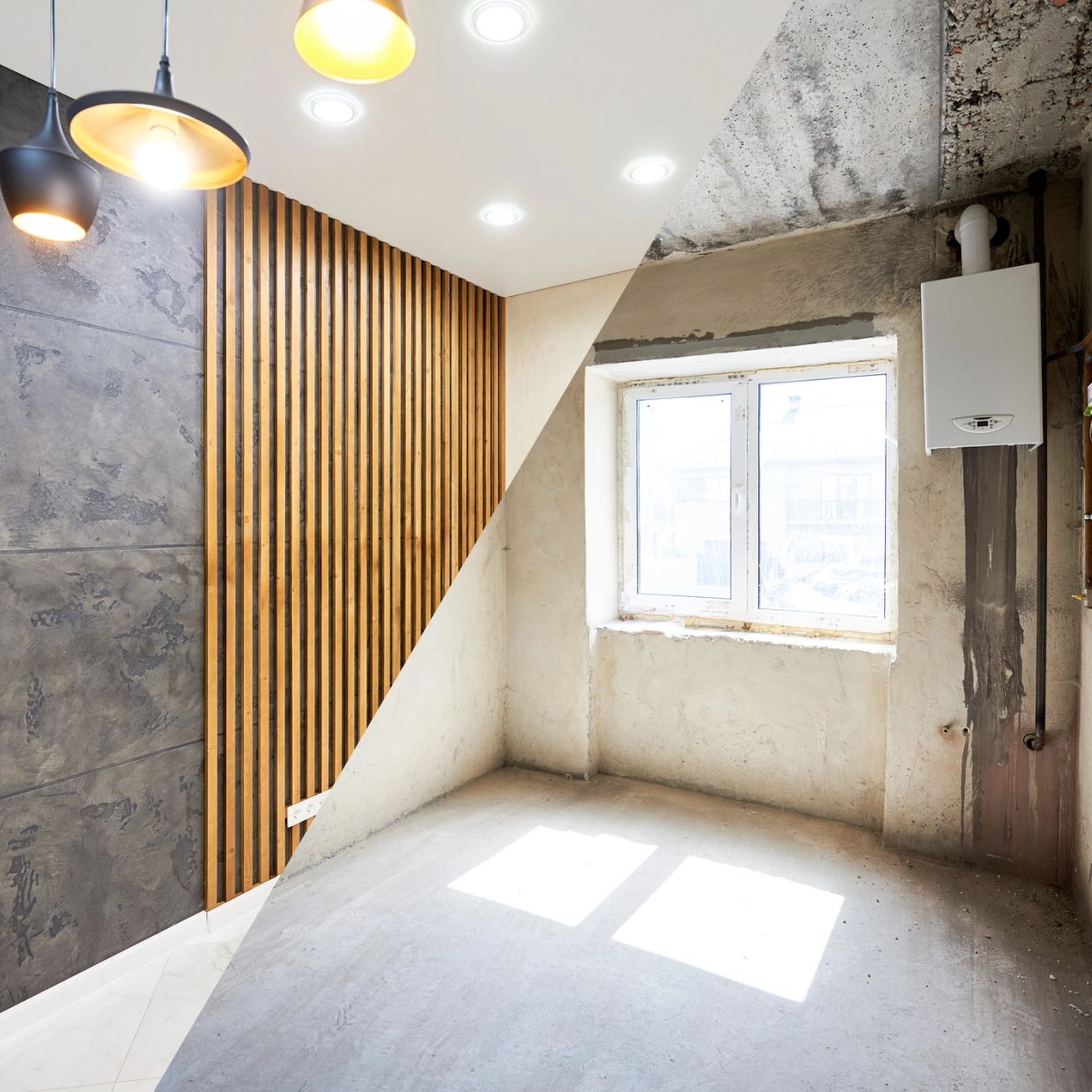 Room before and after renovation with wooden paneling and lights.
