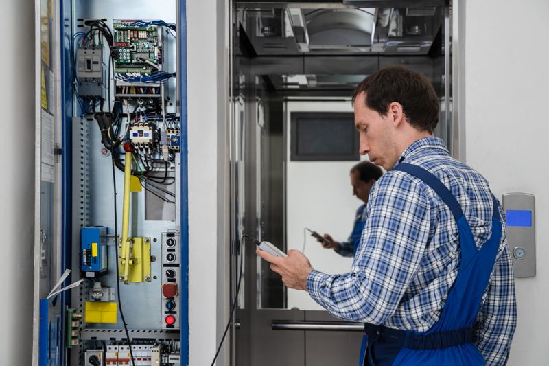 Technician Repairing Control Panel Of Broken Elevator