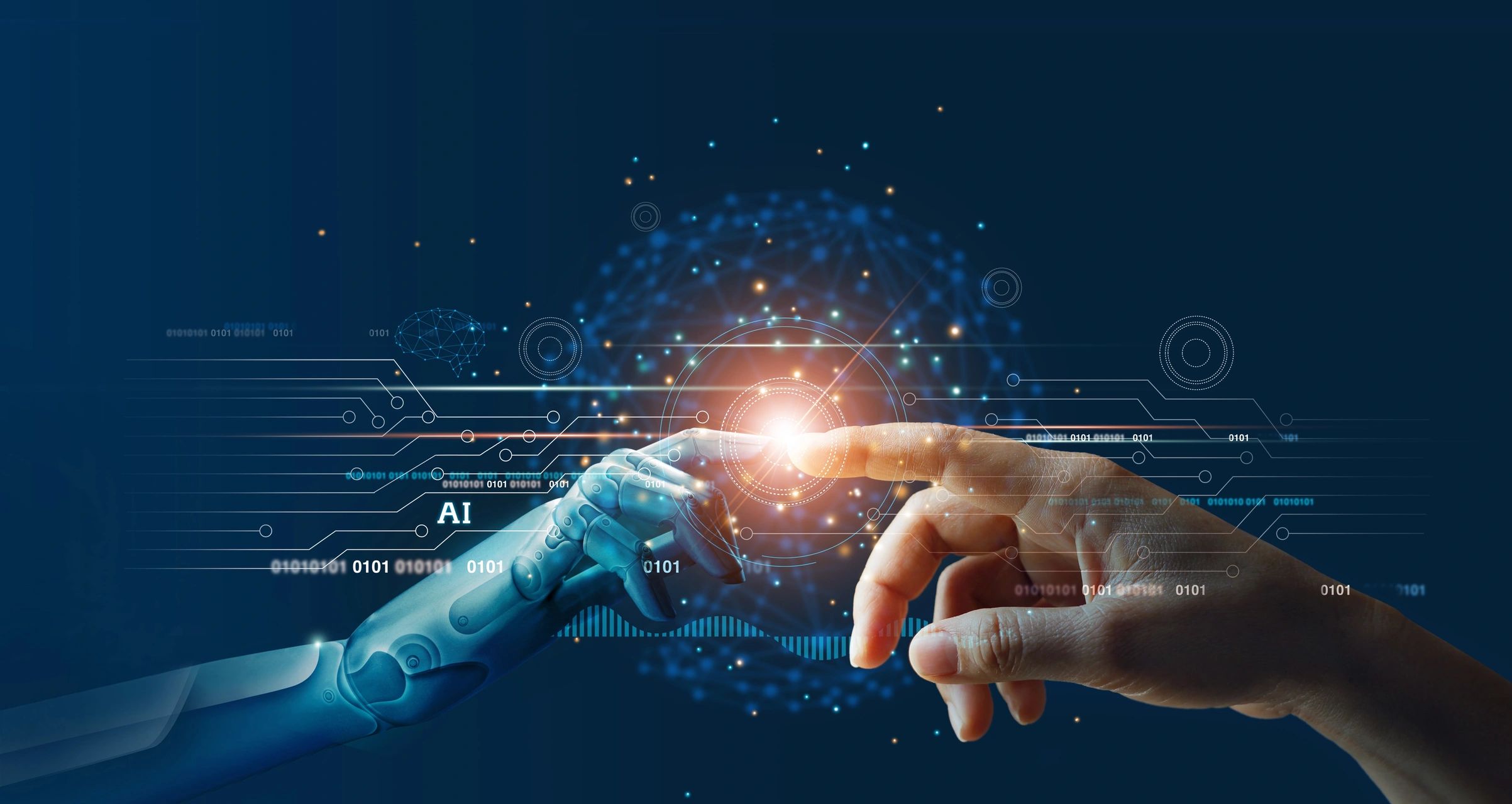 Human and robot hands nearly touching with glowing digital interface in between.