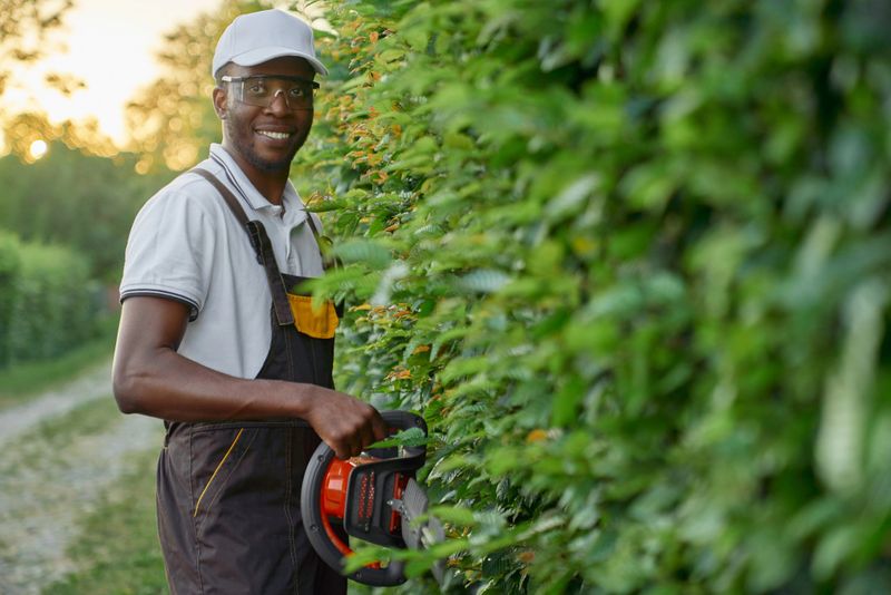 Front view of afro american gardener in special unifor,summer hat and protective glasses smiling and looking at camera while cutting overgrown branches on green hedge. Concept of manual work