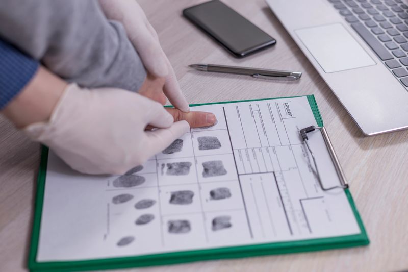 Forensic taking finger prints from a suspect