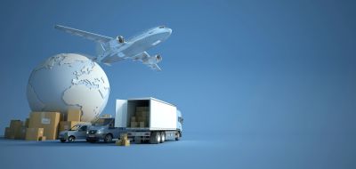 A cargo plane flies above a globe, with delivery trucks and packages below.