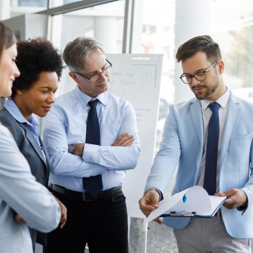 Business team discussing strategies.