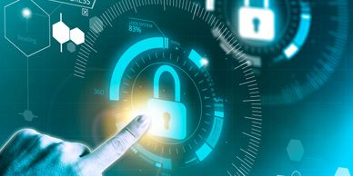 Finger interacting with digital lock symbol amid hacking warning and security interface.