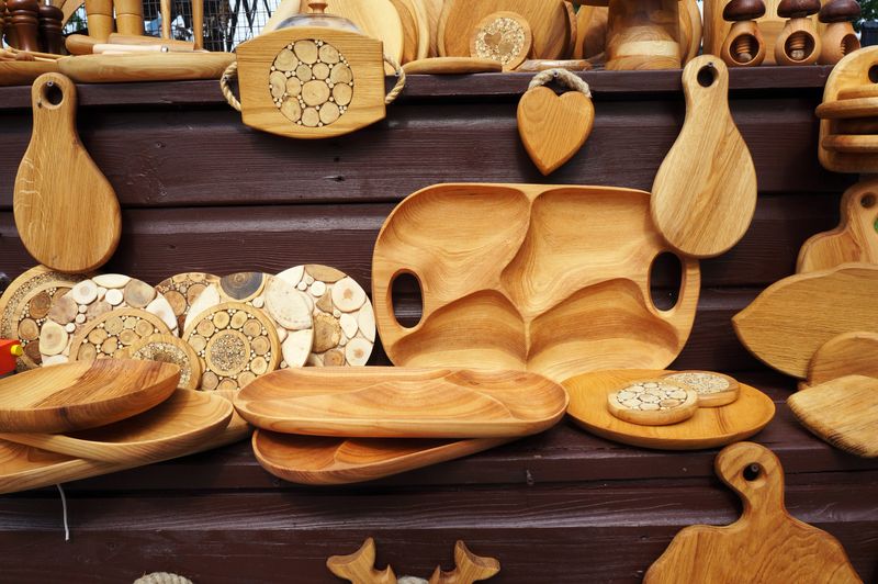 Handicraft kitchenware. Handmade wooden goods.