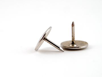 Two silver push pins on a white surface.