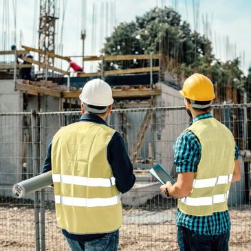 Two construction workers inspect a building site, wearing helmets and reflective vests.
