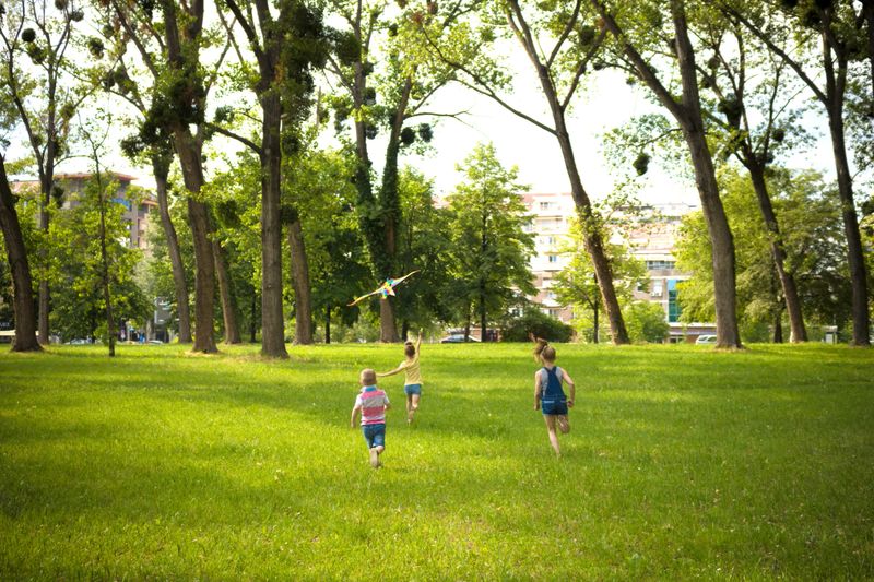 Back view of carefree kids running while flying a kite in the park.