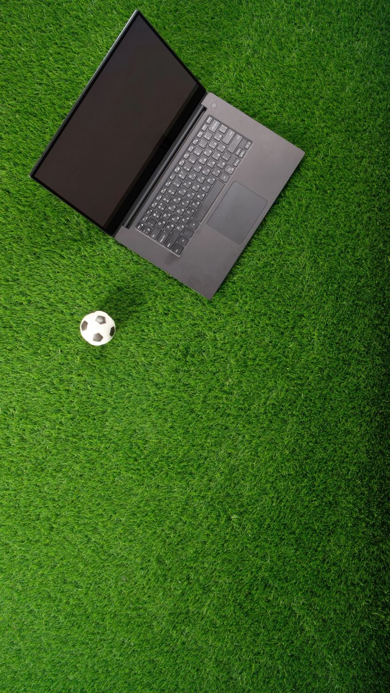 Laptop and football on green grass. Concept World Cup. Copy space.