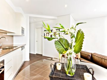Modern kitchen and living room with a glass vase of tropical leaves on a table.