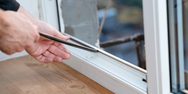 Jemand reinigt ein Fenster mit einem Werkzeug.