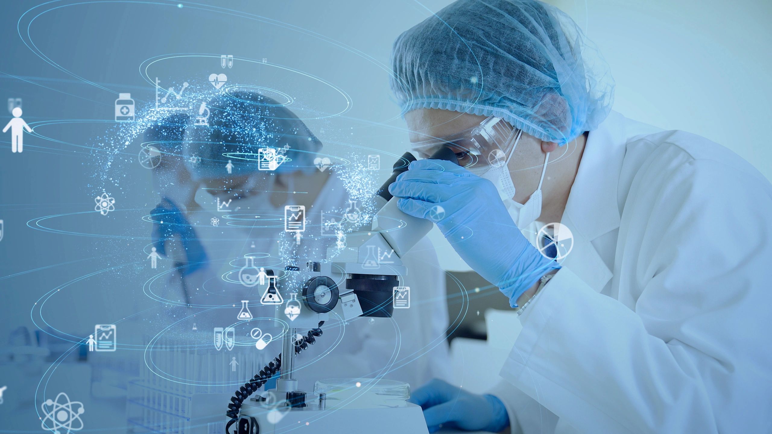 Scientist examining samples with microscope and digital health icons.