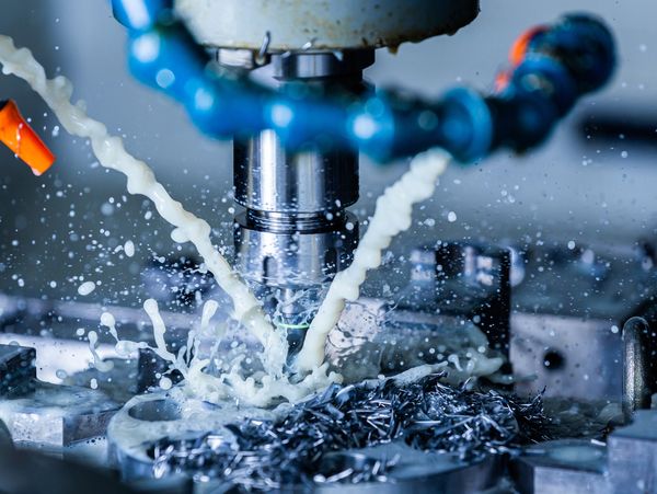 CNC machine cutting metal with coolant splashing.