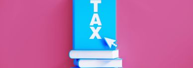 Blue book labeled 'TAX' on pink background.