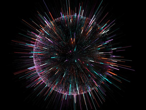 A glowing sphere emitting colorful light streaks on a black background.