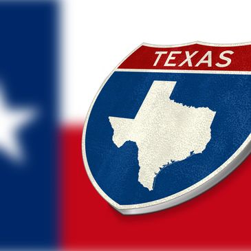 Texas state emblem with map silhouette and flag backdrop.