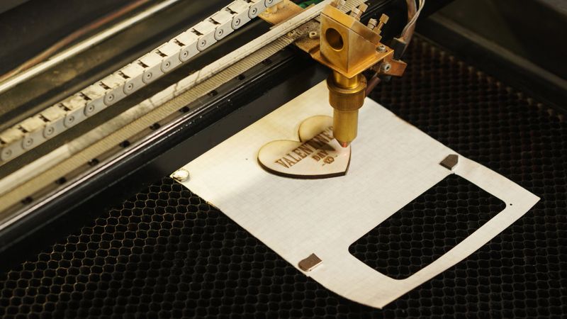 Laser cutting beam high precision on a plywood sheet. Modern technology of wood cutting. laser cut wooden 3d symbol of valentine's day.  Industrial laser engraving. CNC laser. Masterclass, workshop
