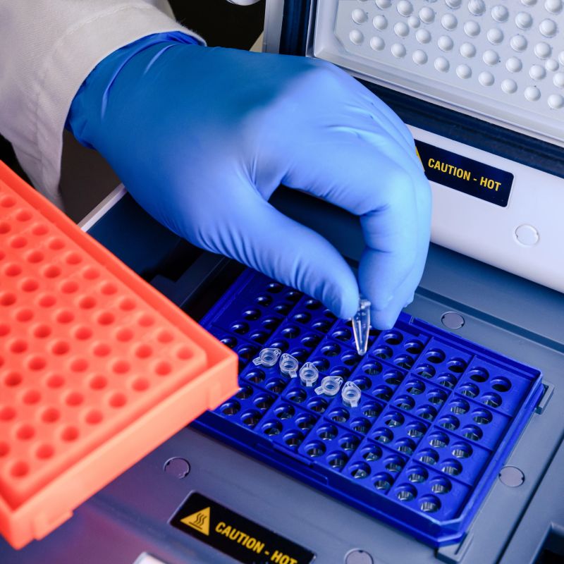 Loading a DNA tube into a PCR (polymerase chain reaction) thermocycler machine in a bioscience laboratory. Concept of science, laboratory and study of diseases.