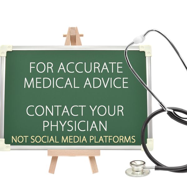 Chalkboard advising to contact physicians for medical advice, not social media.
