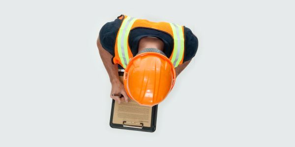 Construction worker in an orange helmet writing on a clipboard.