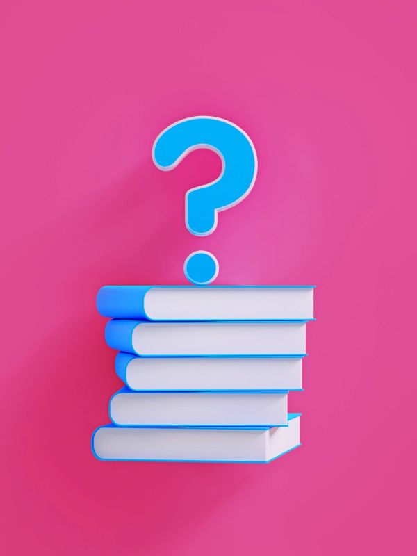 Stack of books with a question mark above on pink background.