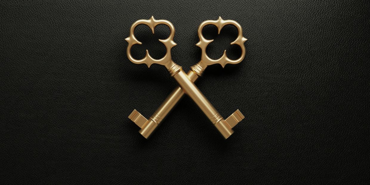 Two ornate golden keys crossed on a black leather background.