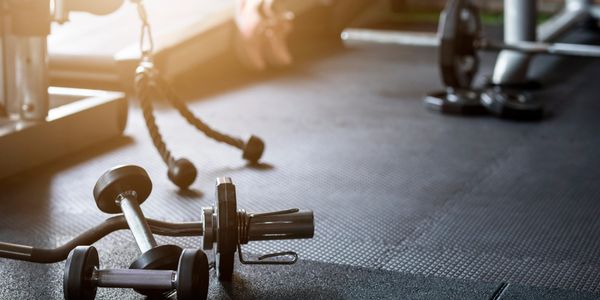 Dumbbells and barbell collars on gym floor with sunlight.
