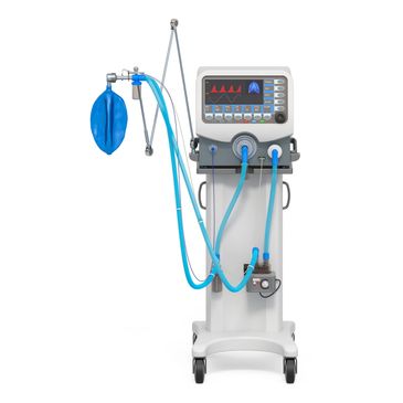 Modern medical ventilator with display and tubing for respiratory support.