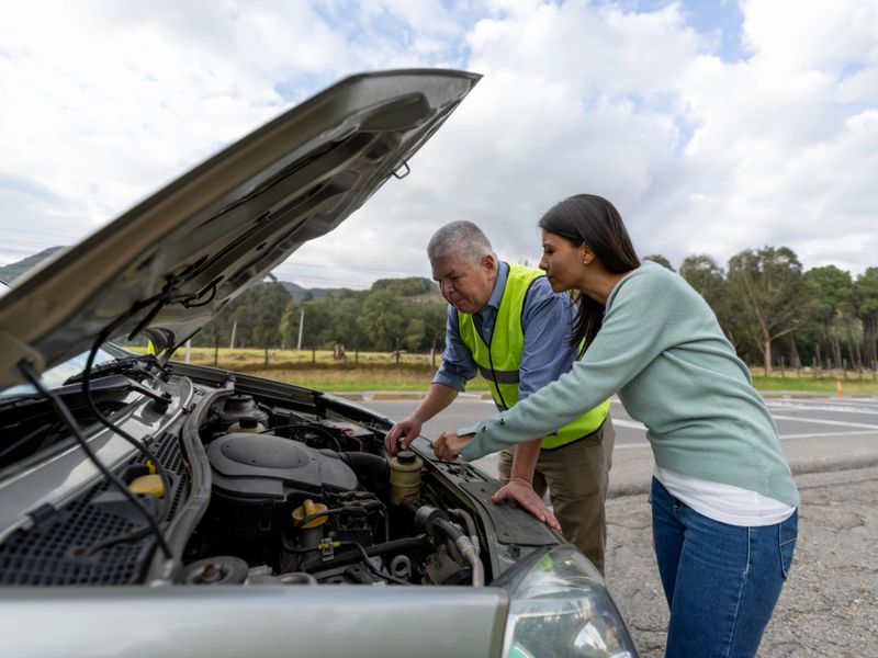 Mature mechanic assisting young woman having problems with her car  - Insurance concepts