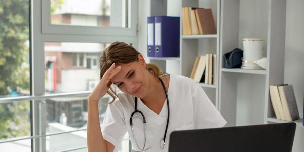 A tired female doctor working on a laptop in a bright office.