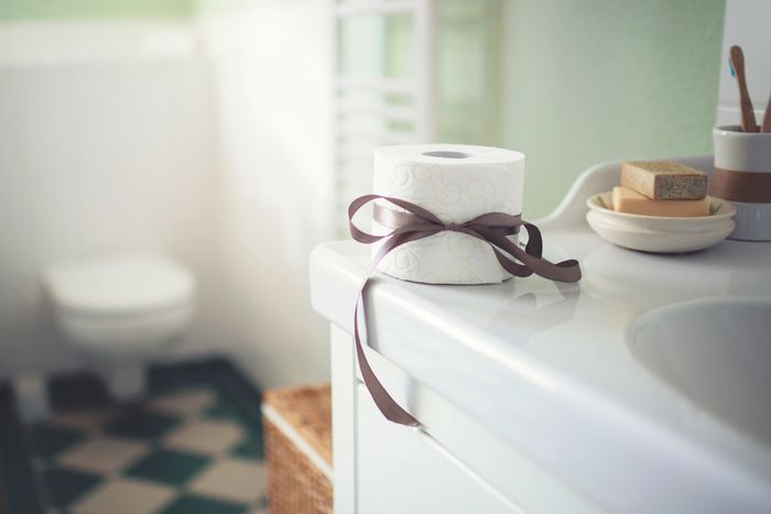 Toilet paper roll tied with a brown ribbon on a bathroom countertop.