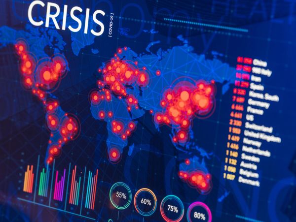 World map showing COVID-19 crisis hotspots with data visualization.