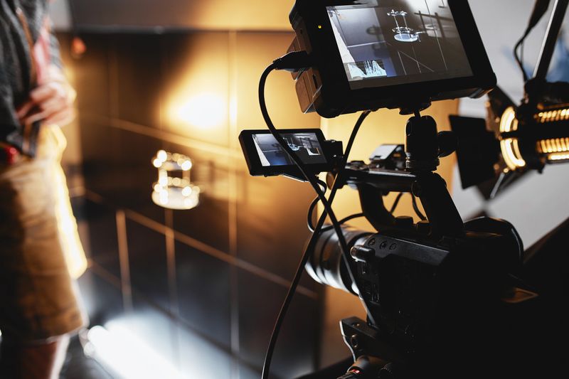 Video production backstage. Behind the scenes of creating video content, a professional team of cameramen with a director filming commercial ads. Video content creation, video creation industry, Low key, selective focus, film graine.