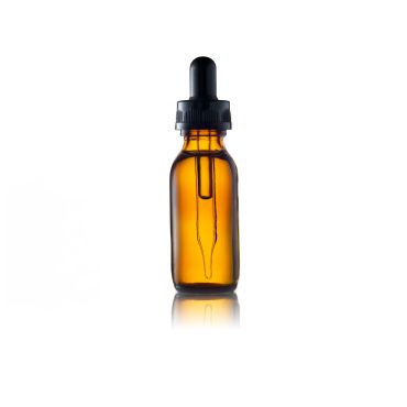 Amber glass dropper bottle with black cap and dropper inside.