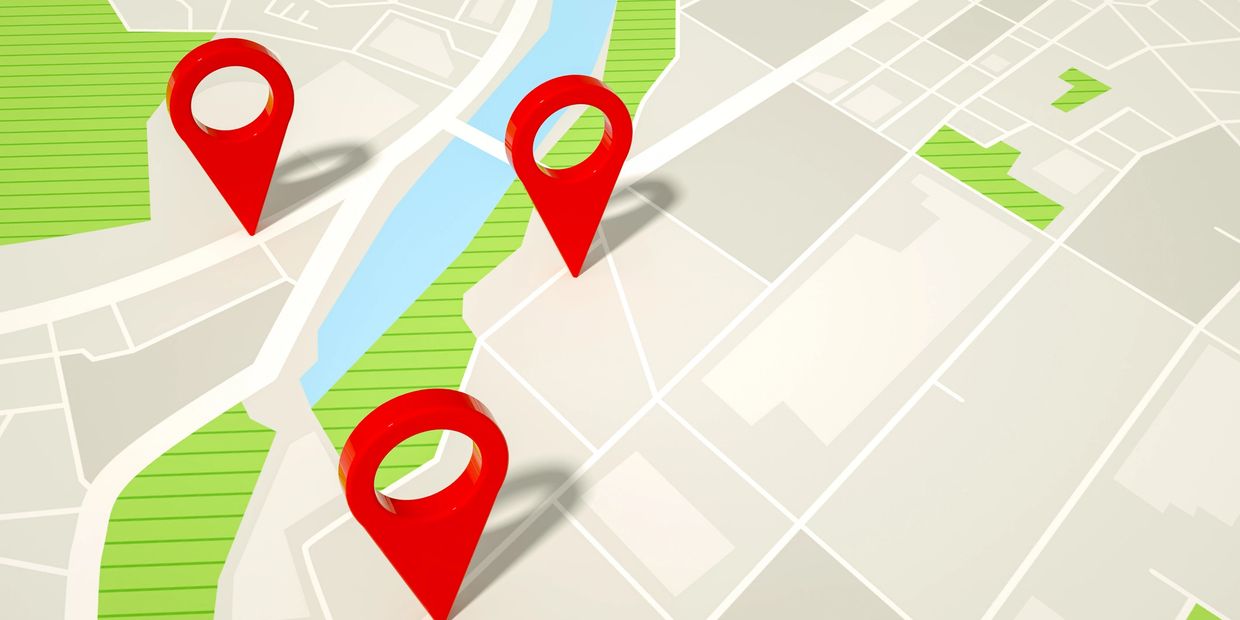 Map with three red location markers highlighting points of interest.