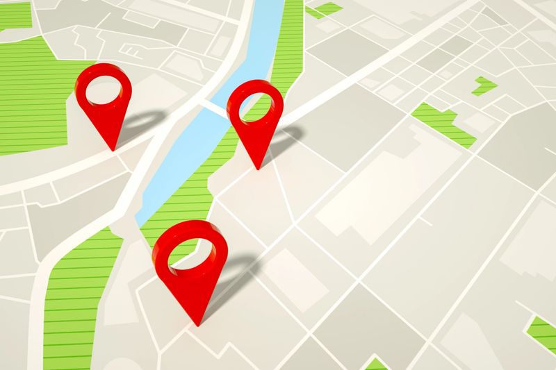3D rendering of navigation map pointer, geo marker pin, travel destinations concept.