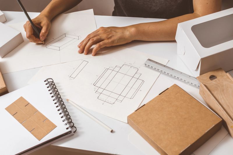 Hands designer draws a sketch of paper packaging. Creative development of ecological boxes.