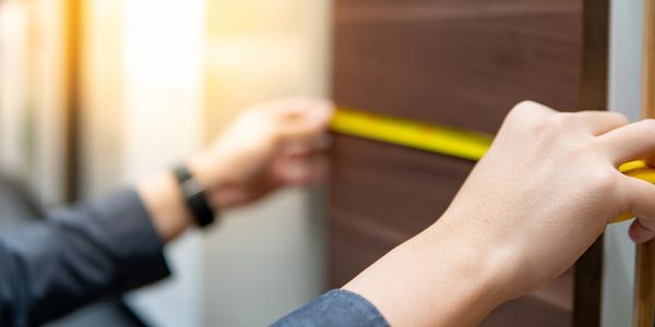 Person measuring wooden furniture with a tape measure indoors.